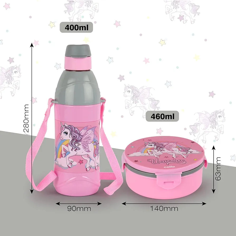 CELLO Tiffy Unicorn Gift Set Insulated Lunch Box & Water Bottle for Kids | Tiffin Box 460 ml, Water Bottle 400 ml, Pink & Grey | Leak Proof | Easy to Clean | Ideal for School, Picnic